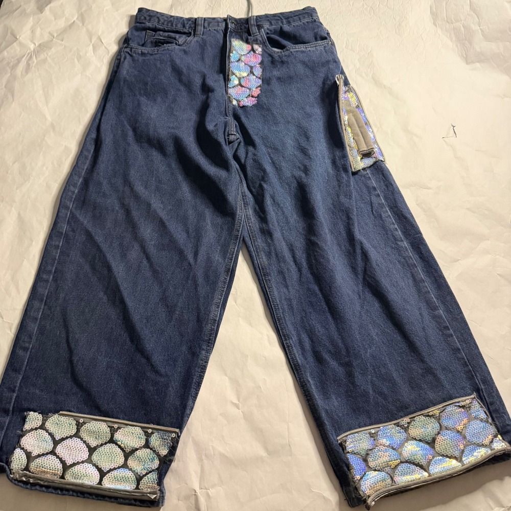 Empyre Wide Leg Jeans Womens Skater Embellished Sequin Grunge Custom Patchwork